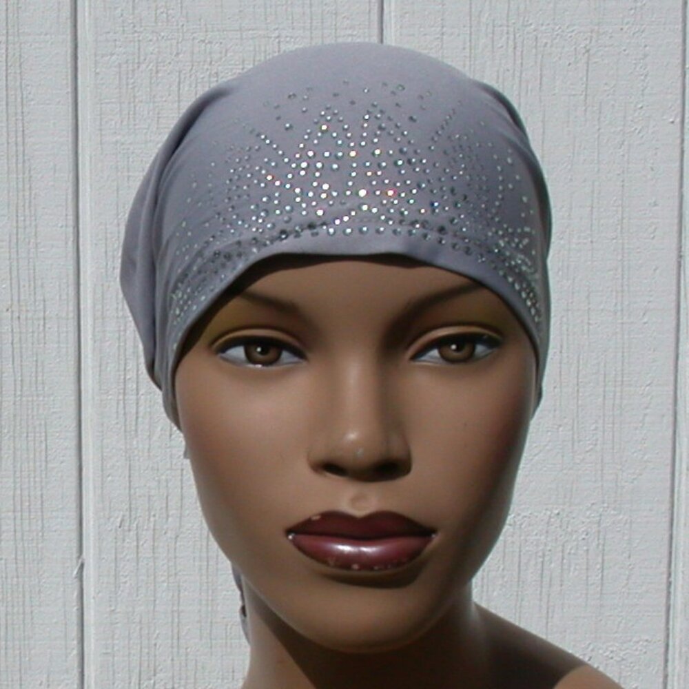 Rhinestone Tie Back Cap Cotton Bonnet Hijab Undercap Grey